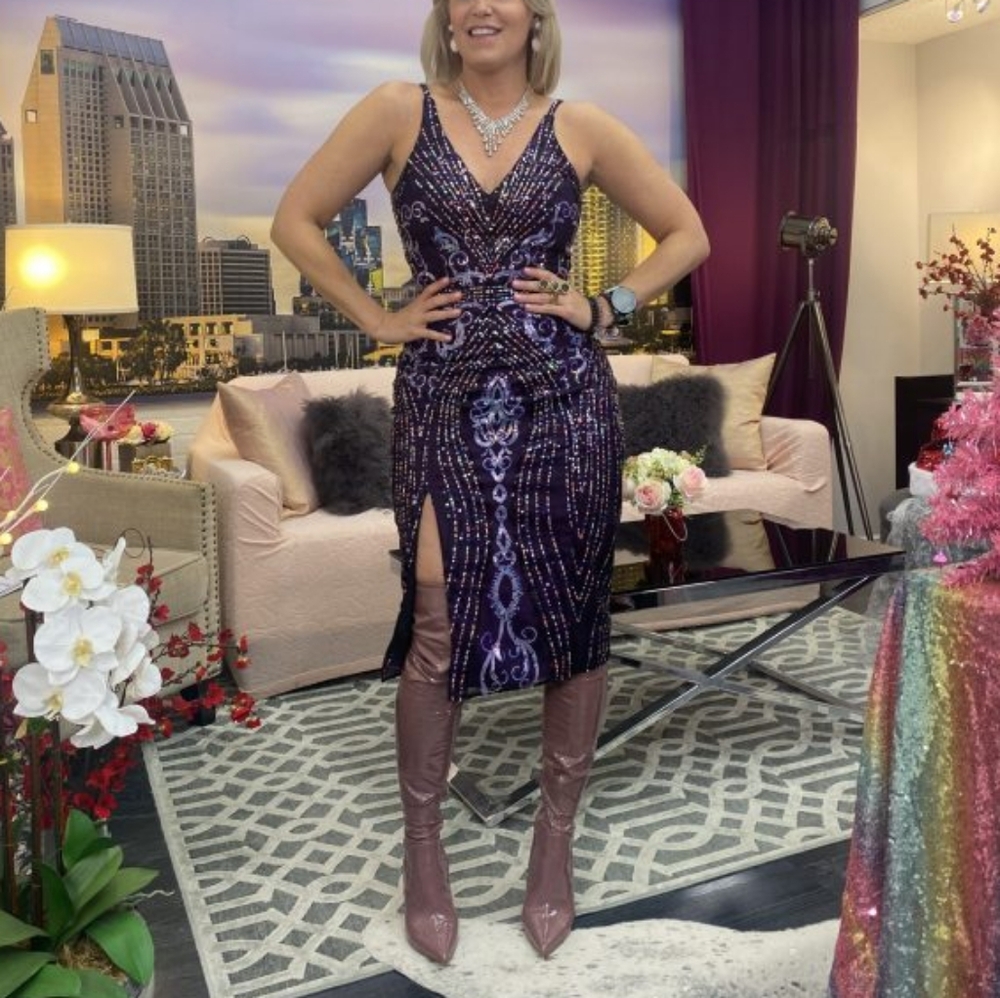 🆕️ Dress the Population Felicity Side Slit Sequin Dress Royal Purple Lavender